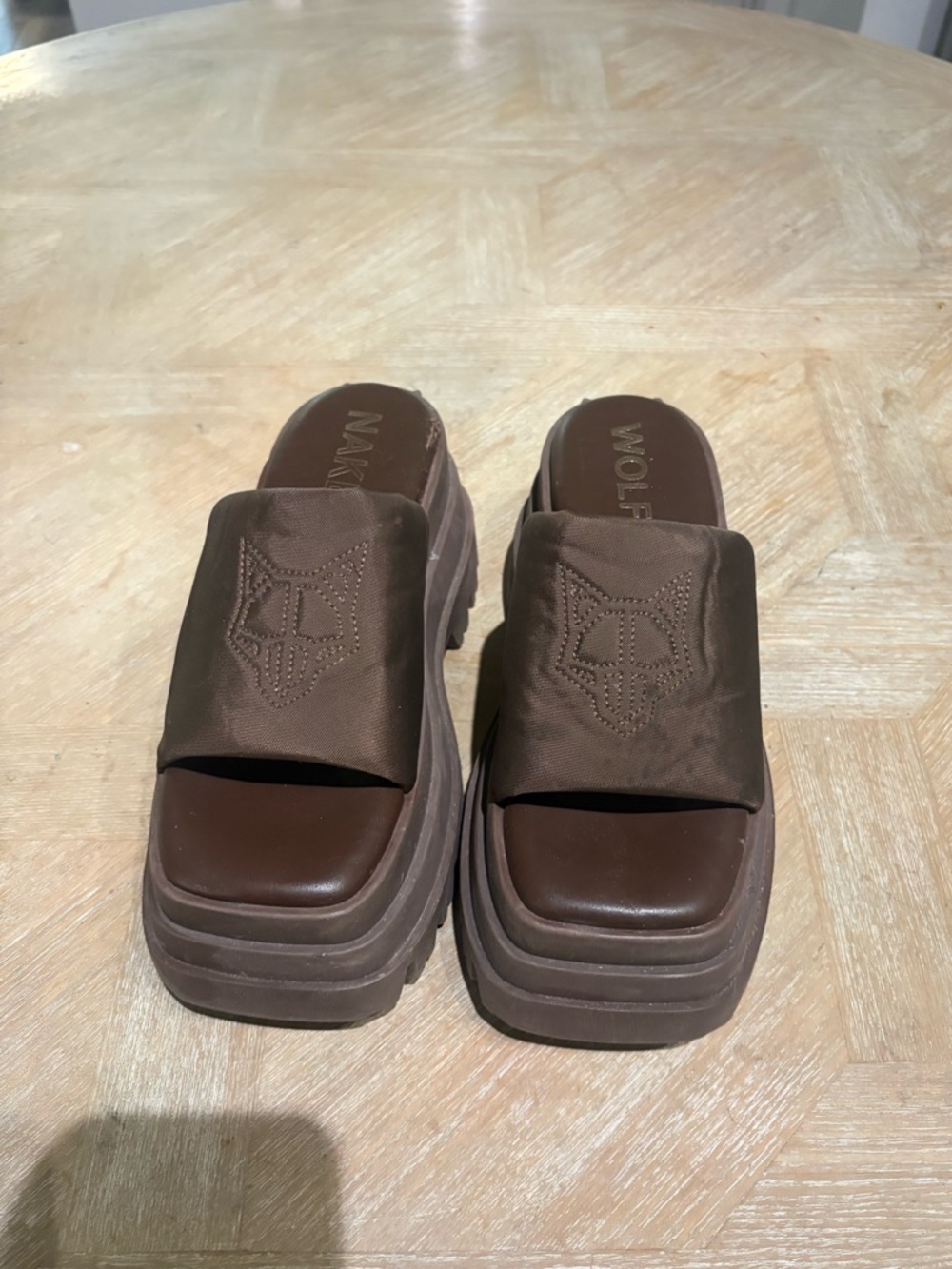 Naked Wolfe Dark Brown Embroidered Platform Slide Sandals
